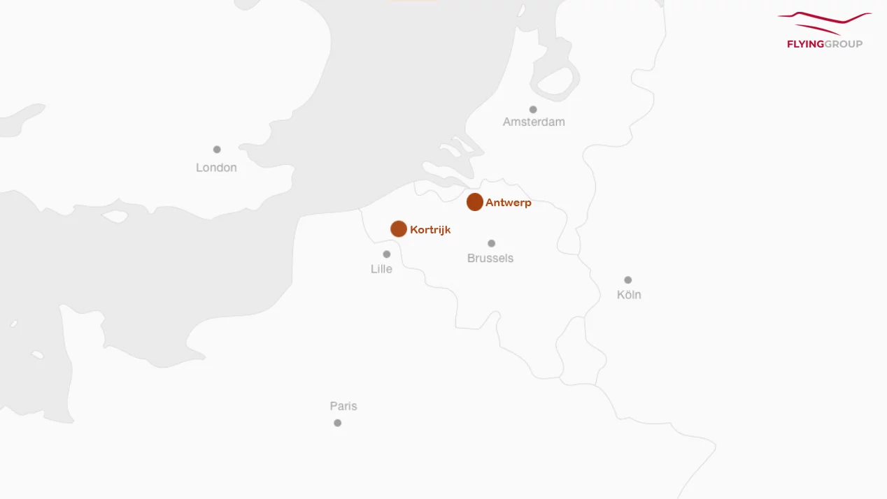 Map of western Europe focused on Belgium showing FLYINGGROUP's location in Kortrijk and Antwerp
